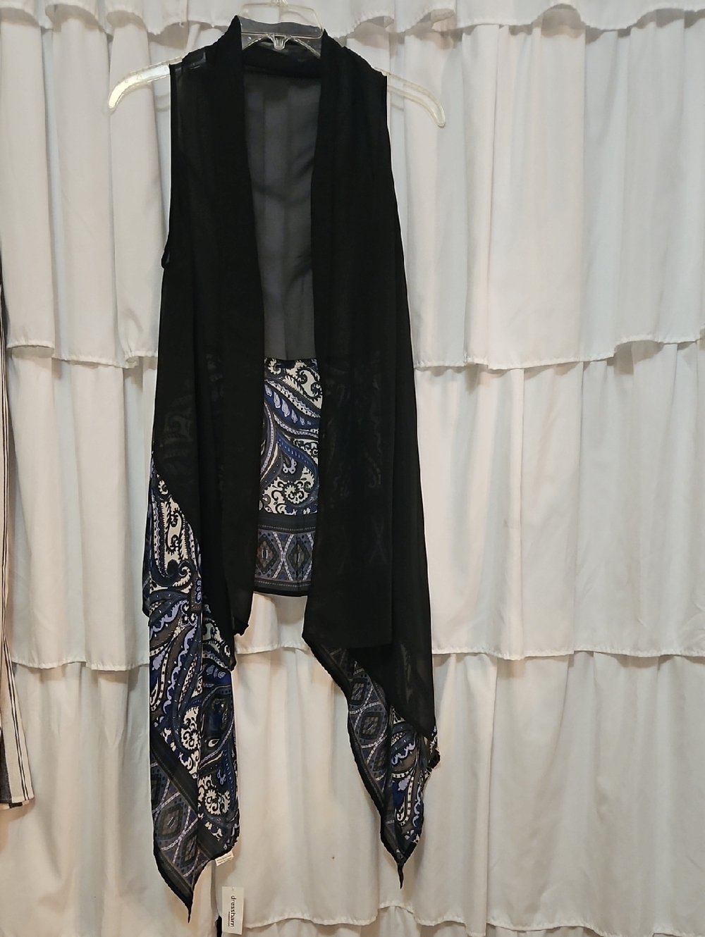 NWT Dress Barn Sheer Black Draped Vest with Blue Paisley Trim